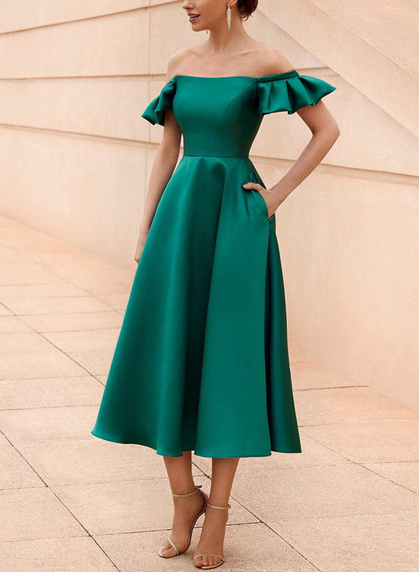 A-Line Off-The-Shoulder Sleeveless Satin Evening Dresses With Pockets