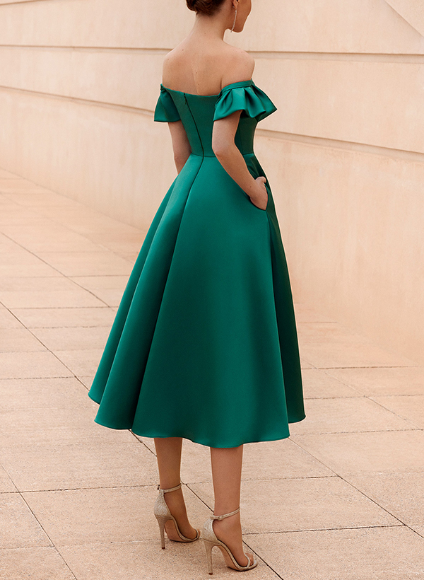 A-Line Off-The-Shoulder Sleeveless Satin Evening Dresses With Pockets