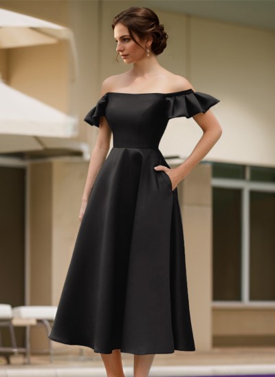 A-Line Off-The-Shoulder Sleeveless Satin Evening Dresses With Pockets