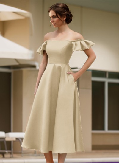 A-Line Off-The-Shoulder Sleeveless Satin Evening Dresses With Pockets