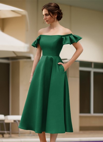 A-Line Off-The-Shoulder Sleeveless Satin Evening Dresses With Pockets