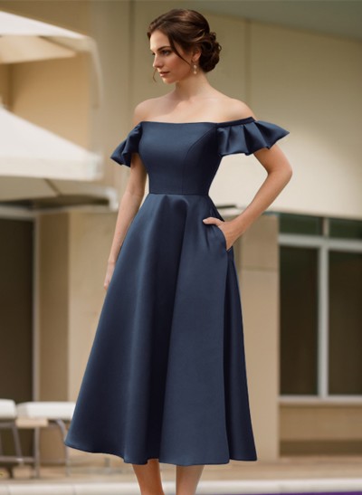 A-Line Off-The-Shoulder Sleeveless Satin Evening Dresses With Pockets