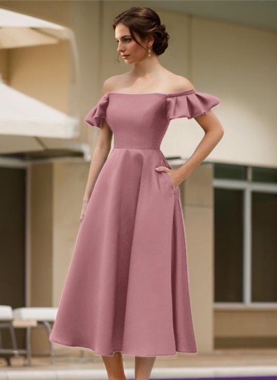 A-Line Off-The-Shoulder Sleeveless Satin Evening Dresses With Pockets