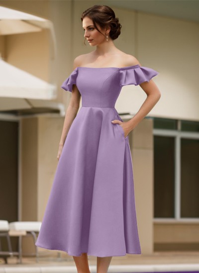 A-Line Off-The-Shoulder Sleeveless Satin Evening Dresses With Pockets