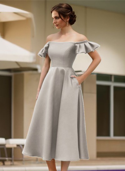 A-Line Off-The-Shoulder Sleeveless Satin Evening Dresses With Pockets