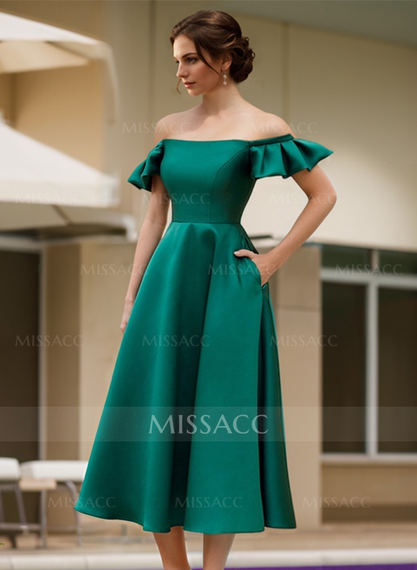 A-Line Off-The-Shoulder Sleeveless Satin Evening Dresses With Pockets