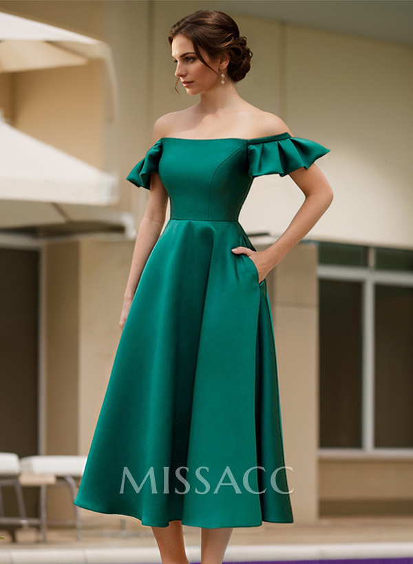 A-Line Off-The-Shoulder Sleeveless Satin Evening Dresses With Pockets A-Line Off-The-Shoulder Sleeveless Satin Evening Dresses With Pockets