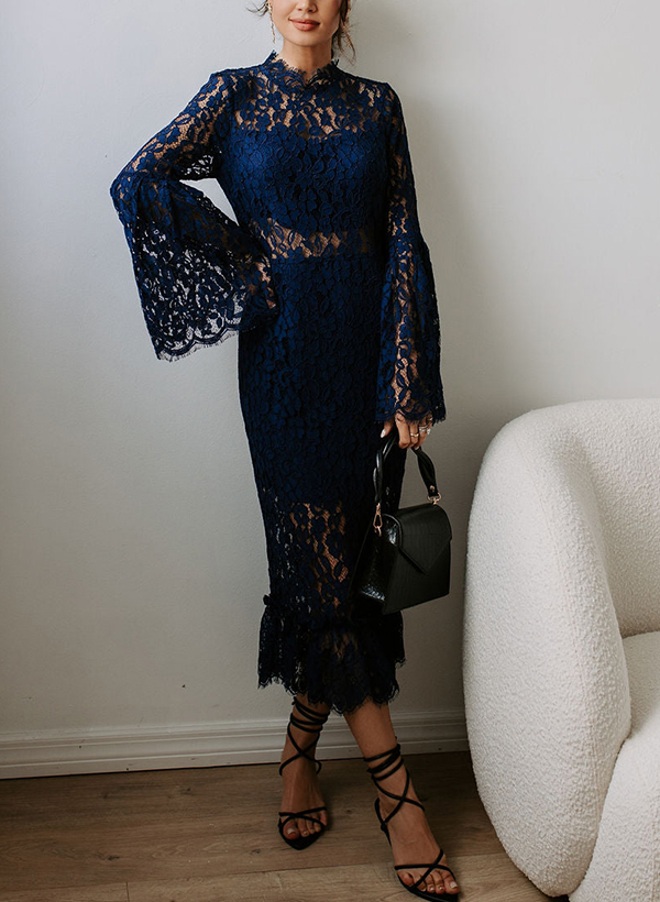 Sheath/Column Scoop Neck Long Sleeves Tea-Length Lace Evening Dresses