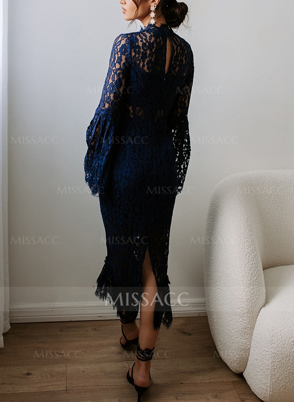 Sheath/Column Scoop Neck Long Sleeves Tea-Length Lace Evening Dresses