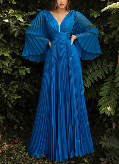 A-Line V-Neck Long Sleeves Chiffon Evening Dresses With Pleated