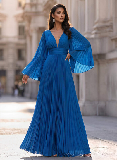 A-Line V-Neck Long Sleeves Chiffon Evening Dresses With Pleated