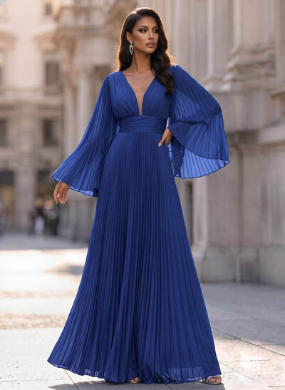 A-Line V-Neck Long Sleeves Chiffon Evening Dresses With Pleated