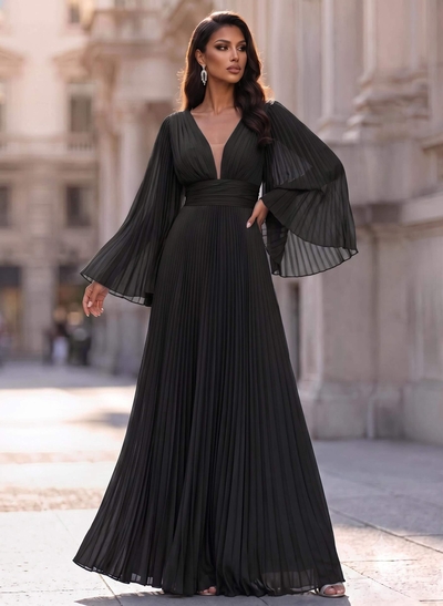 A-Line V-Neck Long Sleeves Chiffon Evening Dresses With Pleated