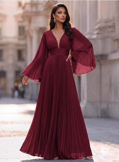 A-Line V-Neck Long Sleeves Chiffon Evening Dresses With Pleated
