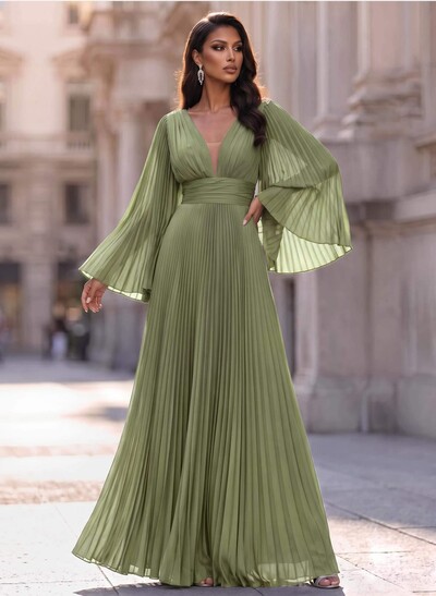 A-Line V-Neck Long Sleeves Chiffon Evening Dresses With Pleated