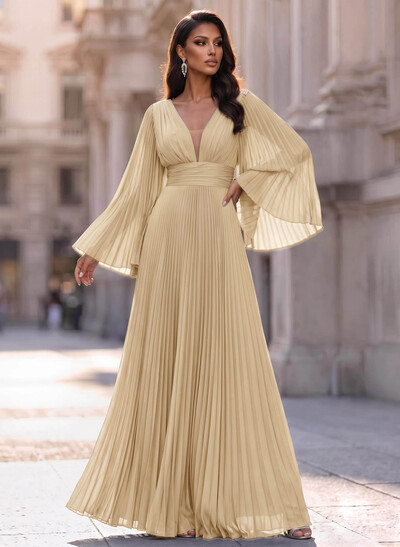 A-Line V-Neck Long Sleeves Chiffon Evening Dresses With Pleated