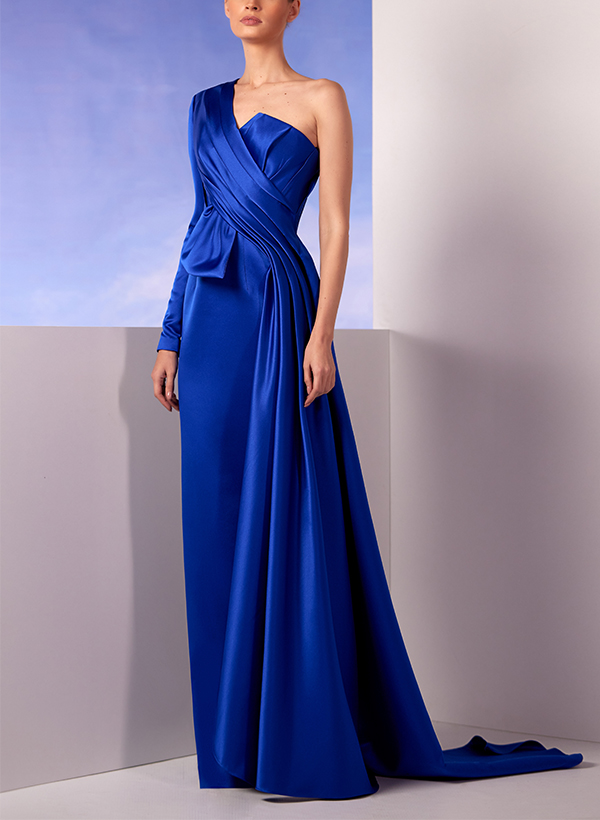 Sheath/Column One-Shoulder Long Sleeves Satin Evening Dresses With Ruffle