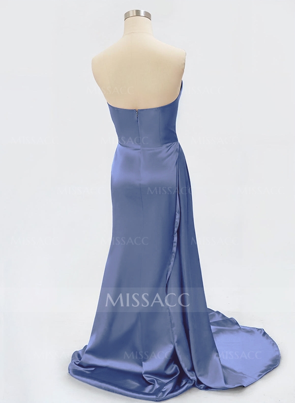 Simple Sexy Strapless Silk Like Satin Evening Dresses With High Slit