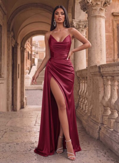 Simple Sexy Strapless Silk Like Satin Evening Dresses With High Slit