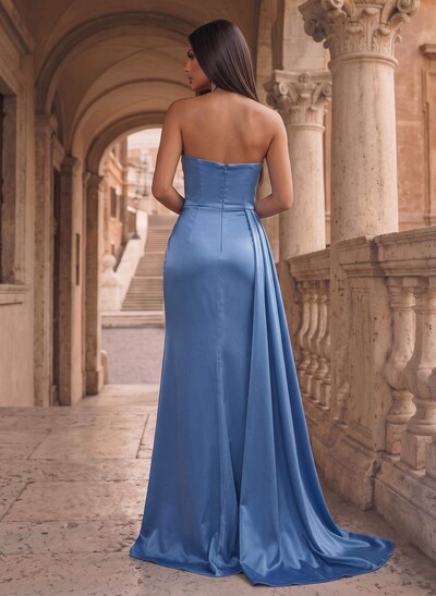 Simple Sexy Strapless Silk Like Satin Evening Dresses With High Slit