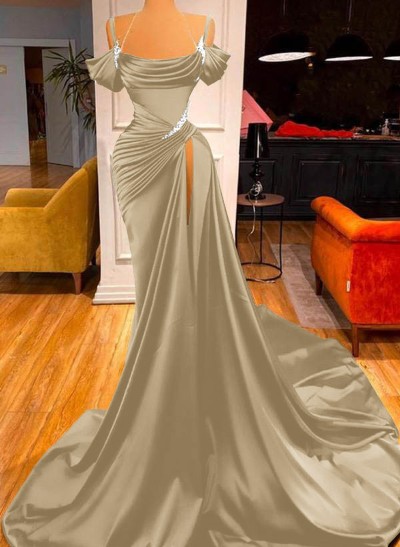 Cowl Neck Beading Satin High Slit Evening Dresses