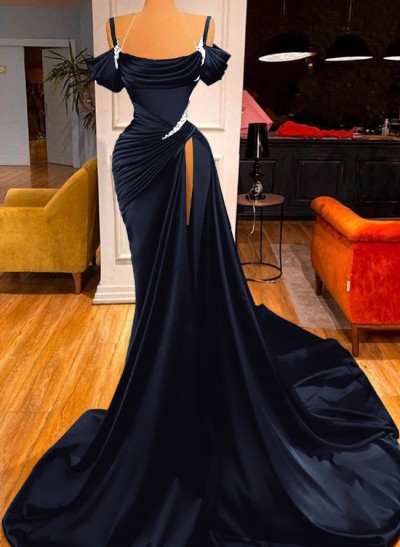 Cowl Neck Beading Satin High Slit Evening Dresses