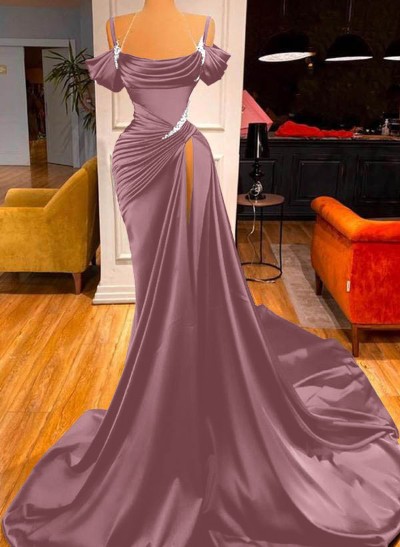 Cowl Neck Beading Satin High Slit Evening Dresses