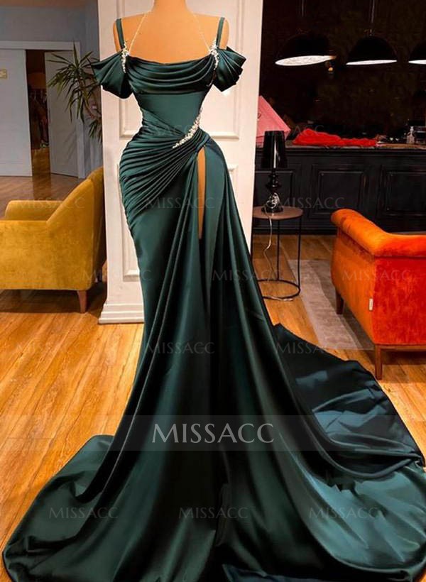 Cowl Neck Beading Satin High Slit Evening Dresses