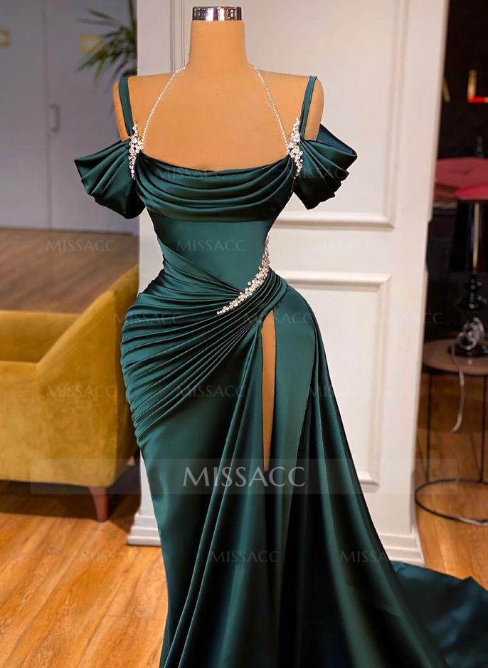 Cowl Neck Beading Satin High Slit Evening Dresses