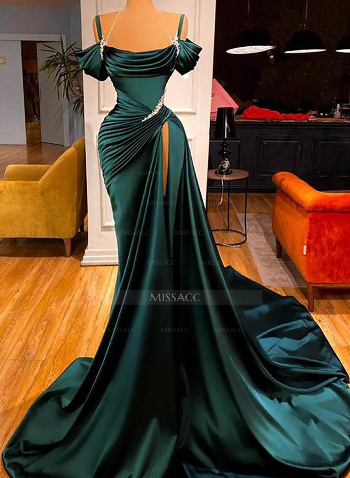 Cowl Neck Beading Charmeuse High Slit Evening Dresses