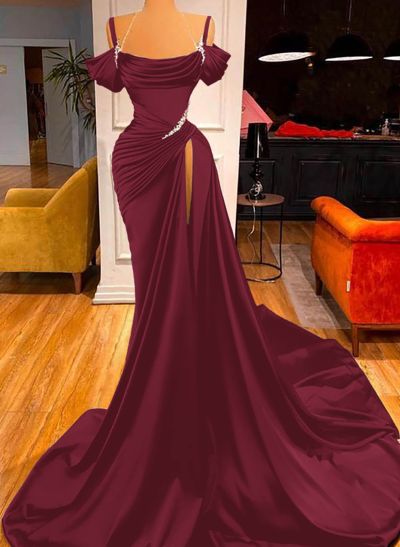Cowl Neck Beading Charmeuse High Slit Evening Dresses