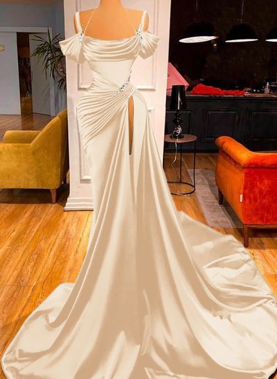 Cowl Neck Beading Charmeuse High Slit Evening Dresses