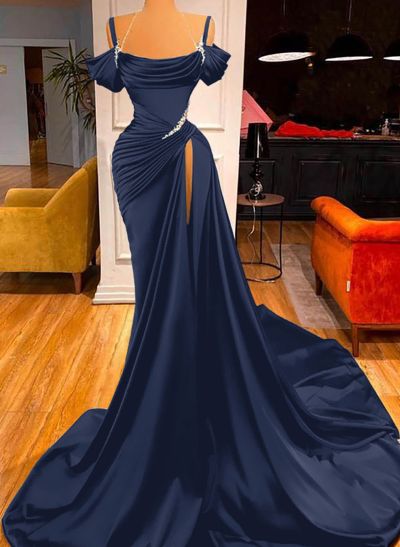 Cowl Neck Beading Charmeuse High Slit Evening Dresses