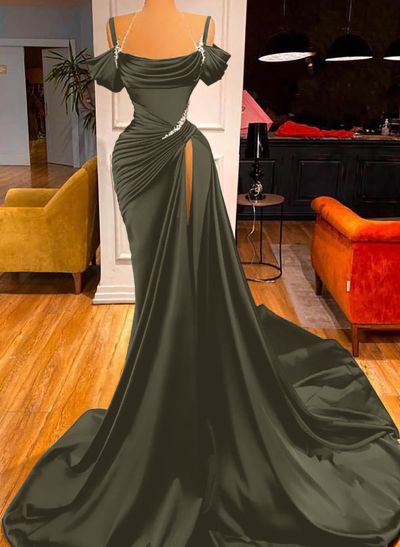 Cowl Neck Beading Charmeuse High Slit Evening Dresses
