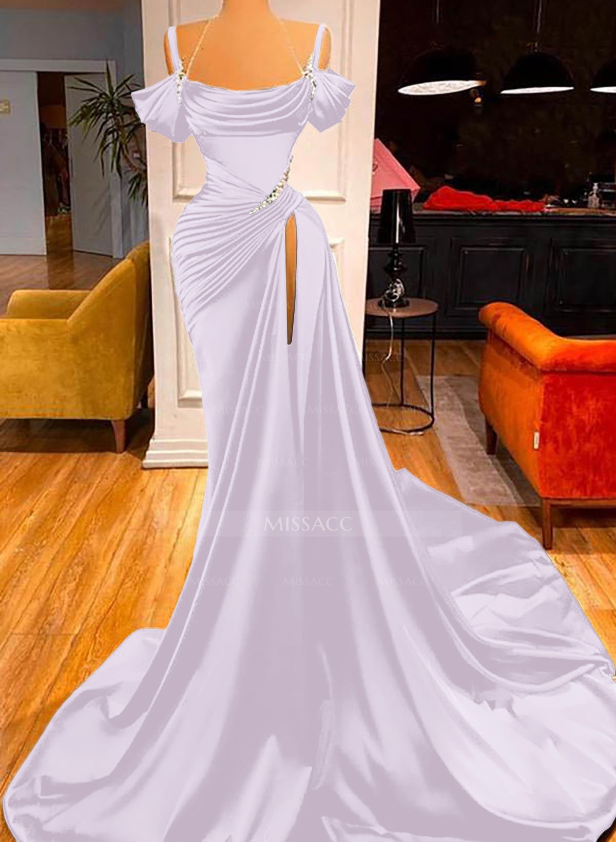 Cowl Neck Beading Charmeuse High Slit Evening Dresses Missacc