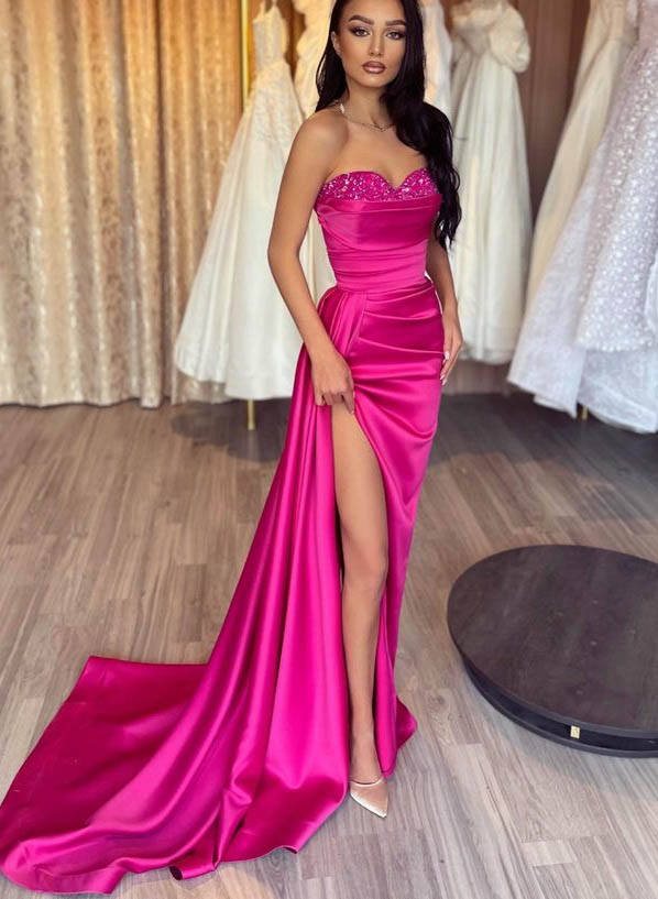 Hot Pink Sweetheart Beading Satin Evening Dresses