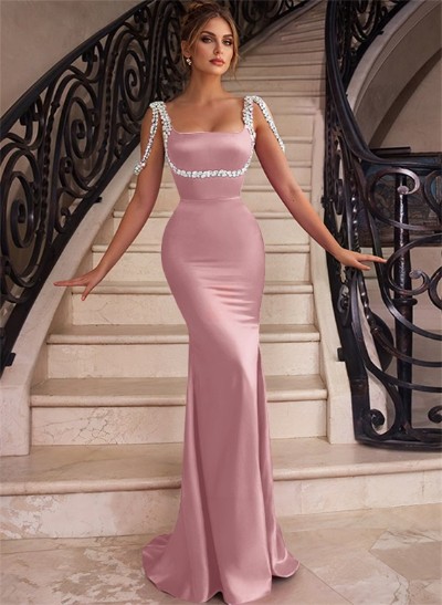 Trumpet/Mermaid Square Neckline Sweep Train Satin Bridesmaid Dresses With Beading