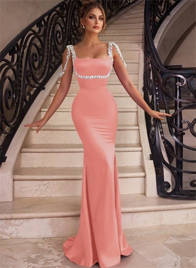 Trumpet/Mermaid Square Neckline Sweep Train Satin Bridesmaid Dresses With Beading