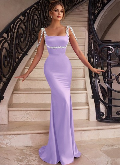 Trumpet/Mermaid Square Neckline Sweep Train Satin Bridesmaid Dresses With Beading