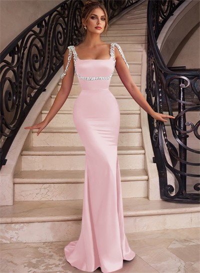 Trumpet/Mermaid Square Neckline Sweep Train Satin Bridesmaid Dresses With Beading