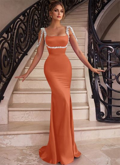 Trumpet/Mermaid Square Neckline Sweep Train Satin Bridesmaid Dresses With Beading