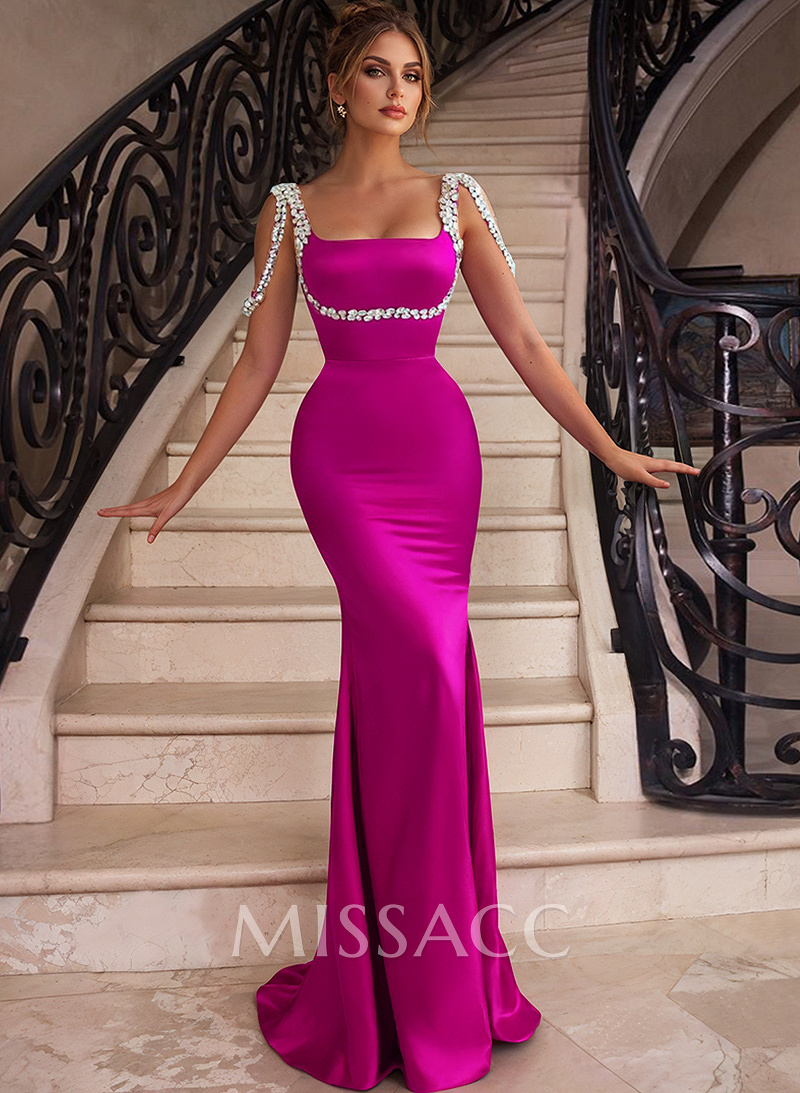 Hot Pink Square Neckline Trumpet/Mermaid Beading Evening Dresses Hot Pink Square Neckline Trumpet/Mermaid Beading Evening Dresses