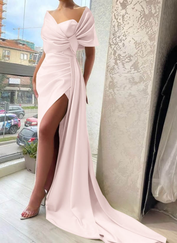 Wrap Simple Silk Like Satin Cap Shoulder Evening Dresses