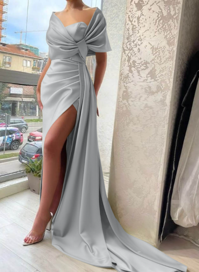 Sheath/Column Asymmetrical Silk Like Satin Bridesmaid Dresses With Ruffle