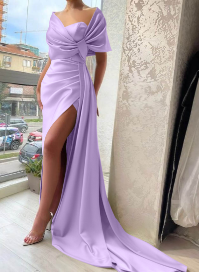 Sheath/Column Asymmetrical Silk Like Satin Bridesmaid Dresses With Ruffle