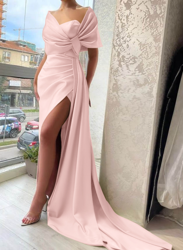 Wrap Simple Silk Like Satin Cap Shoulder Evening Dresses