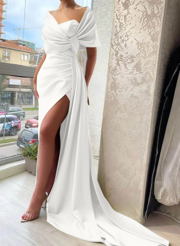 Wrap Simple Silk Like Satin Cap Shoulder Evening Dresses