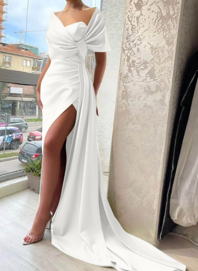 Sheath/Column Asymmetrical Silk Like Satin Bridesmaid Dresses With Ruffle