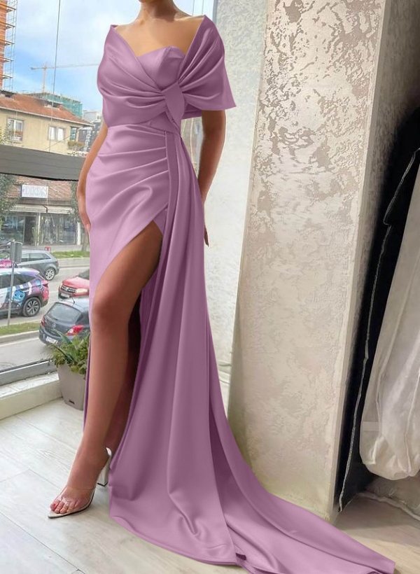 Wrap Simple Silk Like Satin Cap Shoulder Evening Dresses