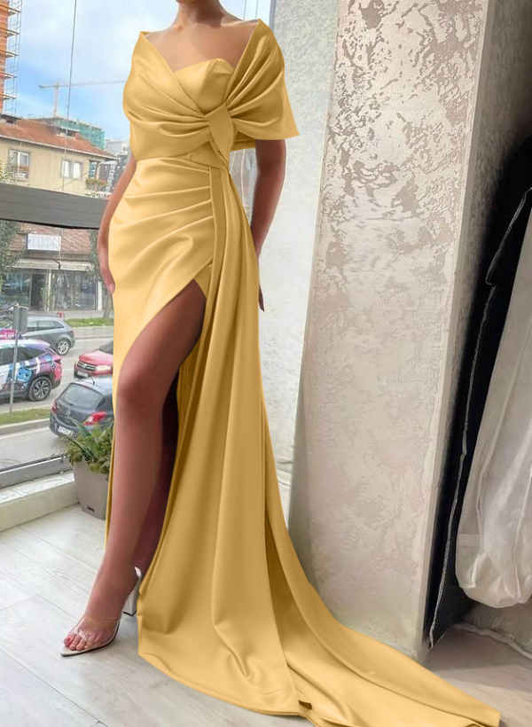 Wrap Simple Silk Like Satin Cap Shoulder Evening Dresses
